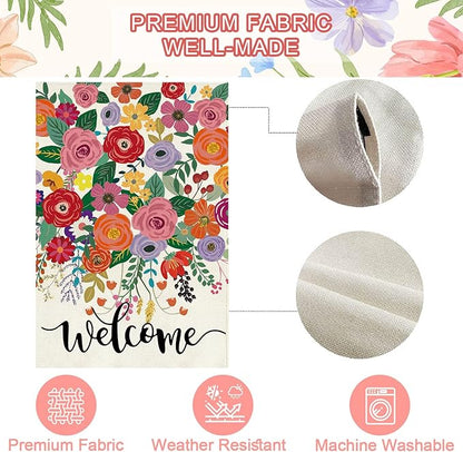 Baccessor Spring Summer Welcome House Flag Double Sided 28x40 Inch Burlap,Floral Flowers Large Garden Flag Porch Patio Front Entry Yard Seasonal Farmhouse Outside Outdoor Decor
