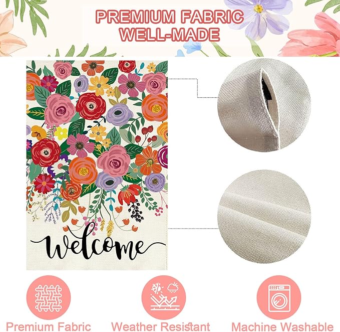 Baccessor Spring Summer Welcome Garden Flag Double Sided 12.5 x 18 Inch Burlap with Clip and Stopper,Floral Flowers Flag Seasonal Farmhouse Front Yard Lawn Outside Outdoor Decoration