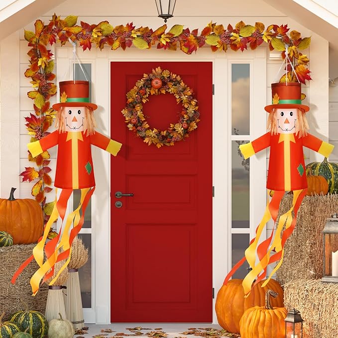 2 Pcs Fall Thanksgiving Scarecrows Windsocks Decoration 40'' Vintage WindSocks for Thanksgiving Decorations Outdoor Hanging Scarecrow for Farmhouse Home Yard Window Party Decor(Autumn)