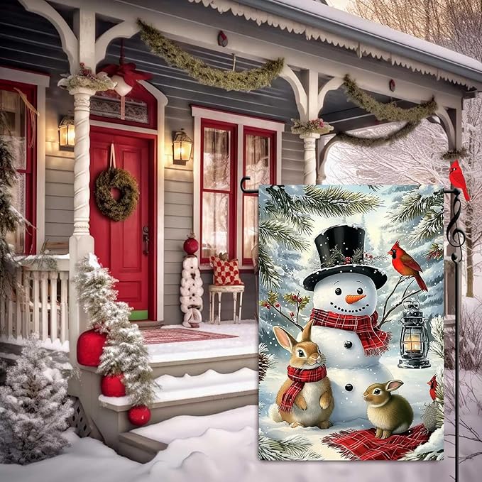 Winter Garden Flags 12x18 Double Sided, Small Burlap Outdoor Holiday Farmhouse Rustic Snowman Bunny Xmas Garden Flag Christmas Decorations Yard Lawn Porch Flags for Outside Decor