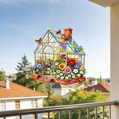 Stained Glass Suncatcher Window Hanging, Marzovitra 10 Inch Greenhouse Garden with Flowers Butterflies, Colorful Floral Real Glass Panel for Home Sunroom Patio Porch Indoor Outdoor Decor Gift Idea