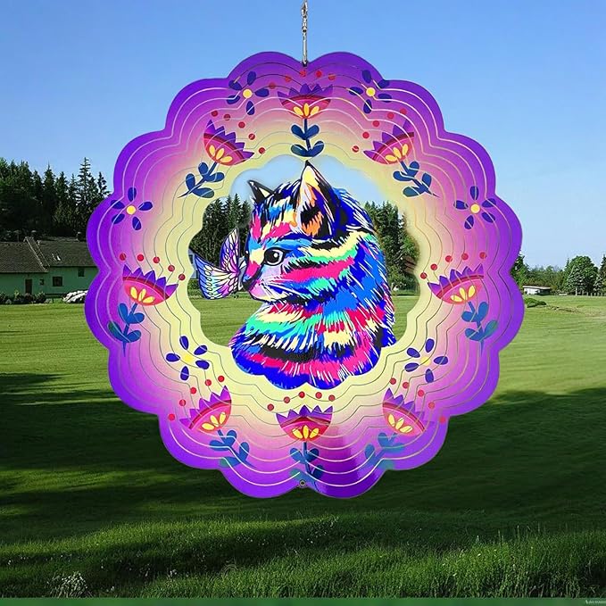 Wind Spinner, 3D Hanging Wind Spinner Ornament, Gifts for Women Mom Grandma, 12inch Metal Wind Kinetic Sculpture for Outdoor&Indoor Decor, Yard Art, Garden Decoration (Purple-Cat)