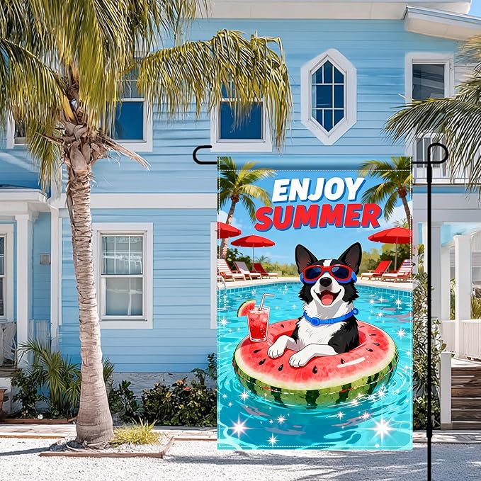 BlissYard Enjoy Summer French Bulldog Garden Flag 12x18 Double Sided Vertical Outdoor Pool Party Dog Decor Sunglasses Float Yard Lawn Patio Tropical Banner