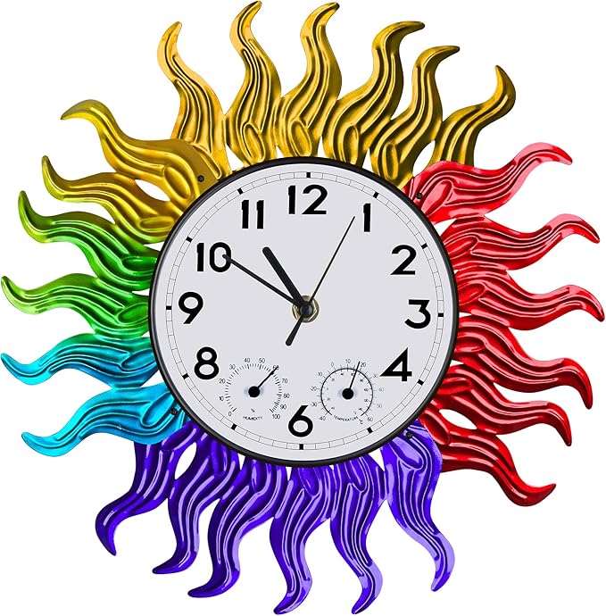 Garden Outdoor Clocks with Thermometer and Hygrometer Combo, Silent No-Ticking Outdoor Wall Rainbow Clocks, Waterproof Outdoor Clocks Vintage Copper Sun, 18.5 Inch