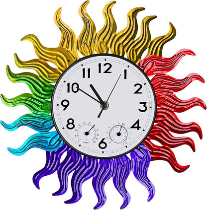 Garden Outdoor Clocks with Thermometer and Hygrometer Combo, Silent No-Ticking Outdoor Wall Rainbow Clocks, Waterproof Outdoor Clocks Vintage Copper Sun, 18.5 Inch