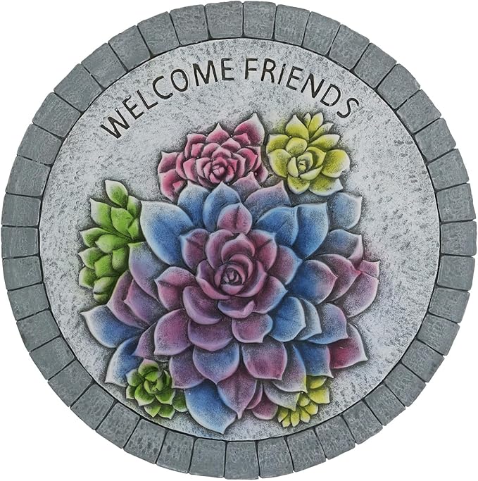 Landoraloria Cement Garden Stepping Stones Outdoor 10” Round Welcome Path Stones with Succulent Design, Outdoor Yard & Patio Decor Hand-Painted Cactus Welcome Sign