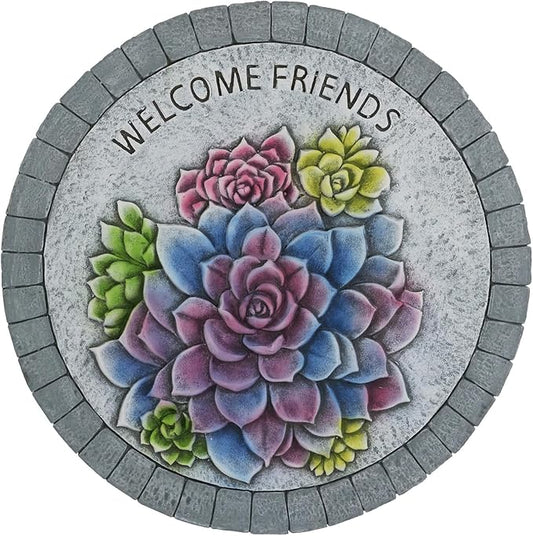 Landoraloria Cement Garden Stepping Stones Outdoor 10” Round Welcome Path Stones with Succulent Design, Outdoor Yard & Patio Decor Hand-Painted Cactus Welcome Sign