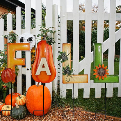 Juegoal 4 Pcs Fall Decorative Garden Stakes, 24.8 Inch Letter Fall Metal Yard Sign with Pumpkins, Outdoor Art Stake for Thanksgiving Decorations Fall Autumn Harvest Patio Lawn Walkway, Style B