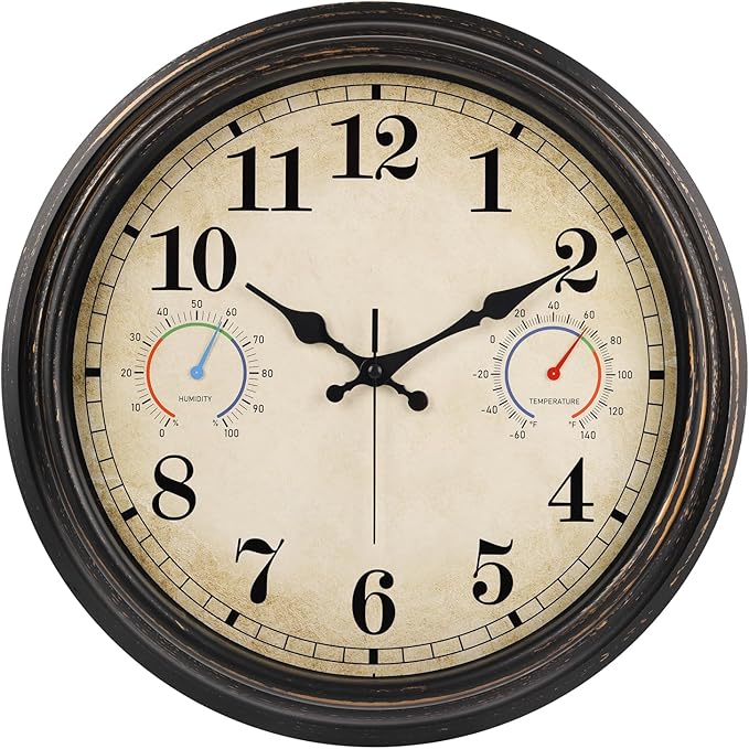 16 Inch Large Outdoor Clock with Thermometer and Hygrometer Combo, Waterproof Indoor Outdoor Wall Clocks for Patio, Pool, Garden, Backyard Decor- Retro Bronze