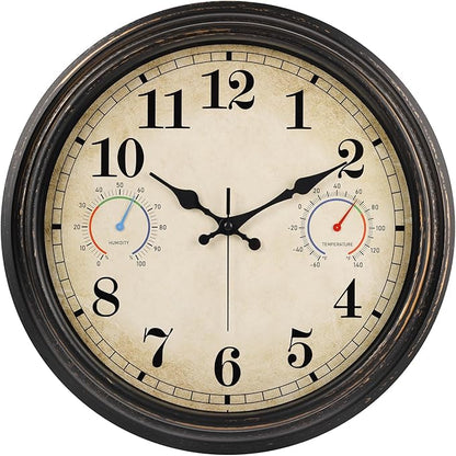 16 Inch Large Outdoor Clock with Thermometer and Hygrometer Combo, Waterproof Indoor Outdoor Wall Clocks for Patio, Pool, Garden, Backyard Decor- Retro Bronze