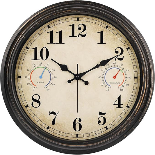 16 Inch Large Outdoor Clock with Thermometer and Hygrometer Combo, Waterproof Indoor Outdoor Wall Clocks for Patio, Pool, Garden, Backyard Decor- Retro Bronze