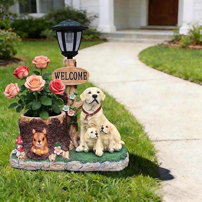 Solar Light Animal Outdoor Statue Planter with Welcome Sign, Resin Garden Sculpture Flower Pot for Patio Lawn Porch Yard Courtyard Decor, Weather-Resistant Decorative Figurine Accent (L)