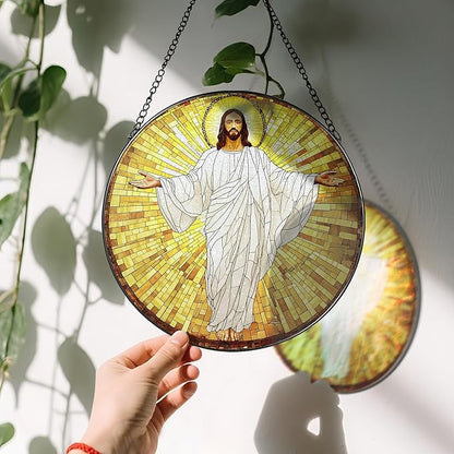 8'' Jesus Christ Stained Glass Suncatcher, Stained Glass Window Hanging, Religious Christmas Ornament, Christian Holiday Decor, Gift for Christmas, Religious Gifts, Christian Gifts