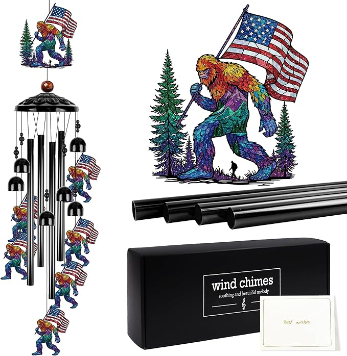 Fathers Day Big Foot Sasquatch Gifts, Sasquatch Patriotic American Flag Wind Chimes for Outside, Colorful Big Foot Outdoor Windchime for Home Garden Patio Porch Yard Decor