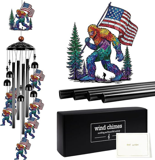 Fathers Day Big Foot Sasquatch Gifts, Sasquatch Patriotic American Flag Wind Chimes for Outside, Colorful Big Foot Outdoor Windchime for Home Garden Patio Porch Yard Decor