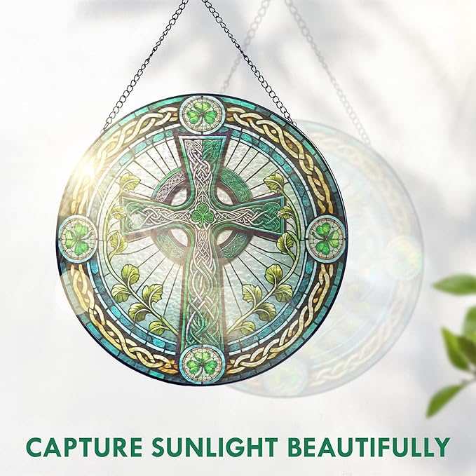FLAGWIX St Patricks Day Decorations - Stained Glass Hanging Suncatcher 10 in - Birthday Irish Decorations, Irish Gifts for Women Men, Celtic Cross Home Decor