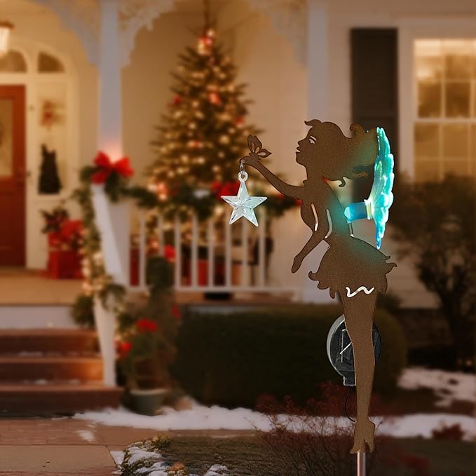 Solar Garden Statue Outdoor Decor, Art Fairy Star Figurine Light Stake, Garden Decoration Ornament for Patio Lawn Yard Pathway, Housewarming & Unique Gift for Gardening Mom Grandma