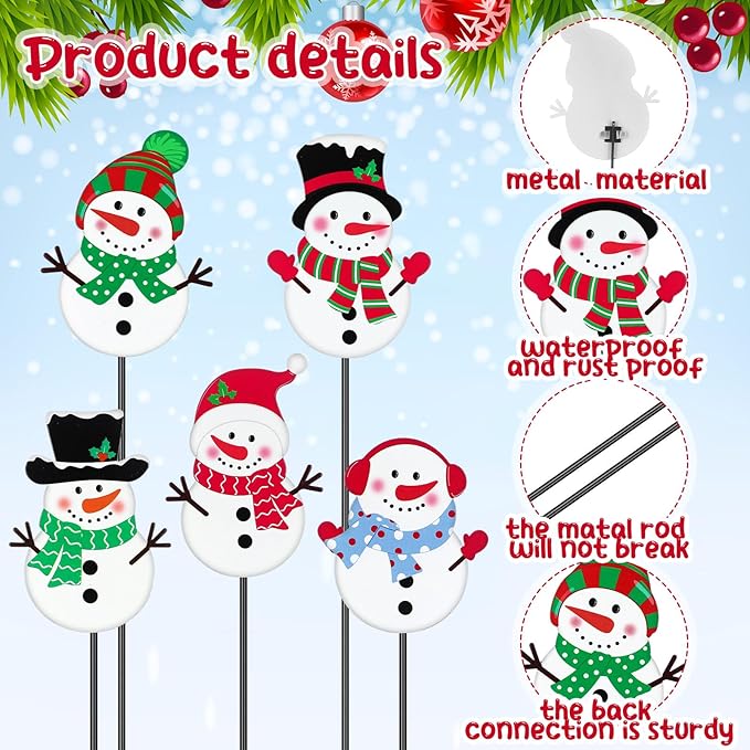 Roowest 5 Pack 12'' H Metal Winter Yard Stakes Outdoor Decorations Snowman Garden Signs Christmas Potted Plant Stakes for Holiday Winter Home Lawn Garden Porch Walkway Party Decor