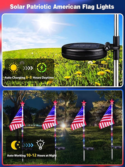 10 Pack Solar American Flag Lights Outdoor, 4th of July Decorations Outdoor, Waterproof Solar Flag Patriotic Lights for Yard, Garden, Pathway, Independence Day, 250th Anniversary (Red White and Blue)
