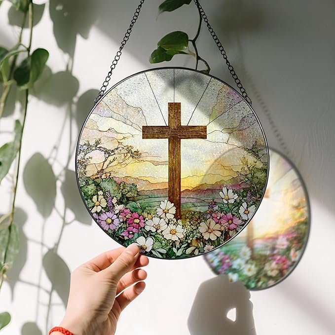 8 Inch Stained Glass Cross and Wildflowers Suncatcher Christian Stained Glass Windows Hanging Flower Cross Gift for Religious Easter Faith Christian Gifts Religious Home Decor