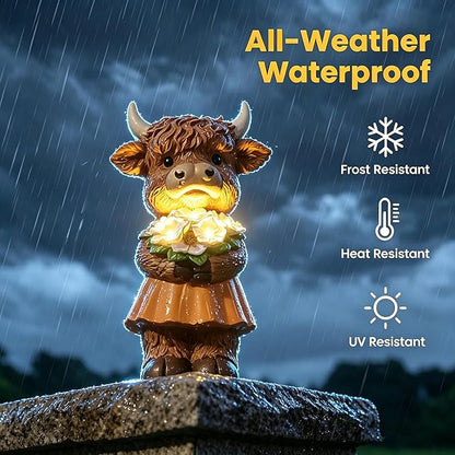 Solar-Powered Resin Highland Cow Statue with Orange Skirt & Light-Up Purple Flower Bouquet - Garden Decor for Patio, Lawn, Porch or Entryway
