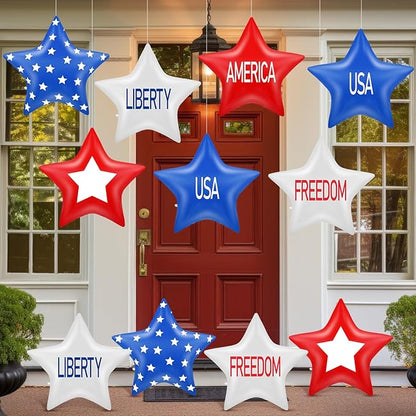 18 Pcs 12 Inch 4th of July Inflatables Outdoor Decorations 250th Anniversary Patriotic Star Ornaments Blow up PVC Inflatable Star Hanging Ornaments for American Veterans Party Festival