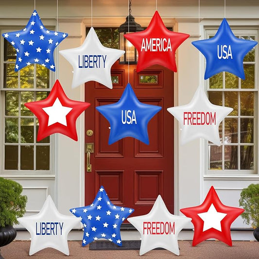 18 Pcs 12 Inch 4th of July Inflatables Outdoor Decorations 250th Anniversary Patriotic Star Ornaments Blow up PVC Inflatable Star Hanging Ornaments for American Veterans Party Festival