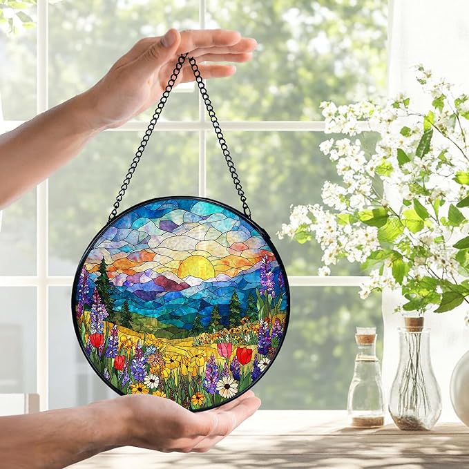 Spring Wildflower Landscape Suncatchers Stained Glass Window Hanging, Cottagecore Flower Sun Catchers Indoor Window Glass Round Wall Decor, Floral Wall Hanging Decorations, 7.9x7.9in