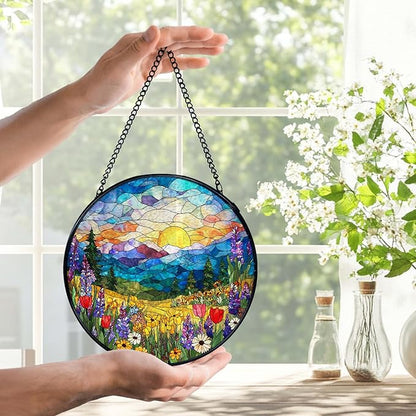 Spring Wildflower Landscape Suncatchers Stained Glass Window Hanging, Cottagecore Flower Sun Catchers Indoor Window Glass Round Wall Decor, Floral Wall Hanging Decorations, 7.9x7.9in