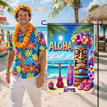 BlissYard Aloha Tiki Garden Flag 12x18 Double Sided Vertical Outdoor Decor Tropical Island Beach Tiki Mask Surf Guitar Summer Yard Garden Lawn Patio Banner