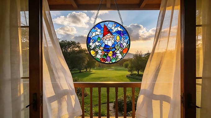 Funoasis Easter Bunny and Gnome Stained Glass Suncatcher - 6.3 Inches Window Hanging Ornaments for Spring Holiday Home Decoration