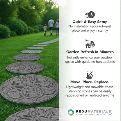Garden Central TierraVerde 4-Pack 18”x18” Fake Pendant Rubber Stepping Stones, Round, Grey – Reversible Non-Slip Outdoor Faux Decorative Set for Landscaping – DIY Decor for Walkways & Yard Pathways