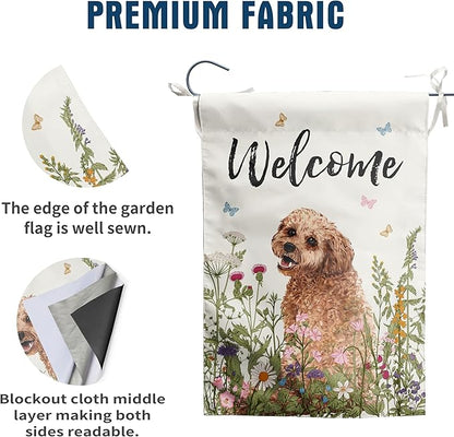 Spring Summer Garden Flag Floral Golden Doodle Puppy Yard Flag Flower Dog Garden Flags for Outside Small Outdoor Welcome Flags 12x18 Double Sided