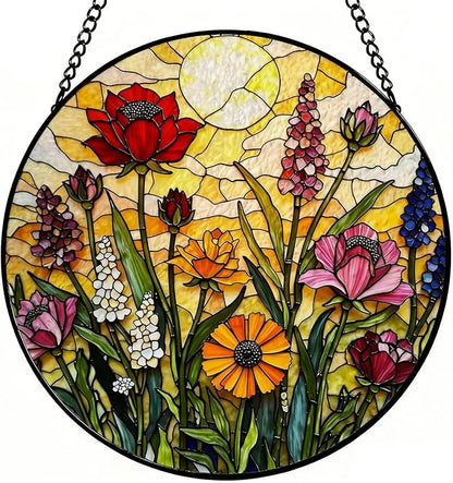 Wildflowers Suncatcher Stained Glass Window Hanging - 8 Inch Colorful Flower Sun Catchers Plant Suncatchers for Windows Hanging - Handmade Sun Catcher Glass Panel Decoration for Home Garden Sunroom