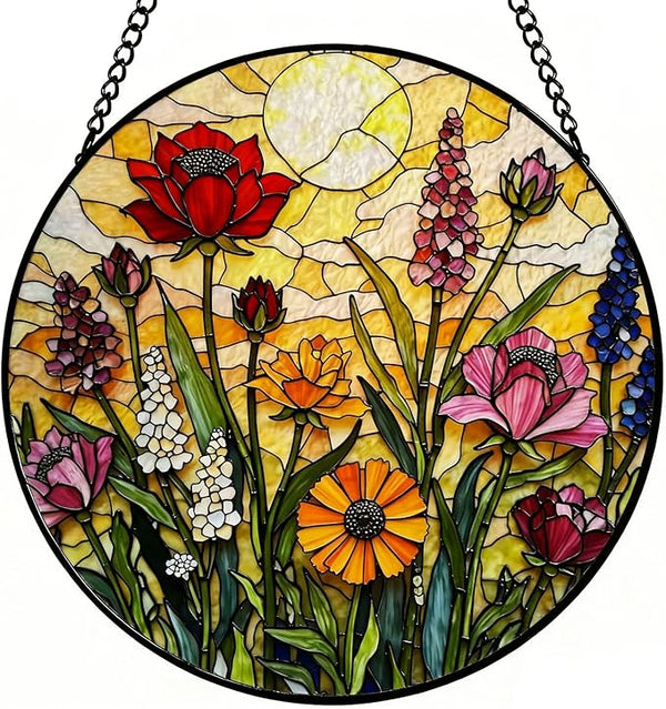 Wildflowers Suncatcher Stained Glass Window Hanging - 8 Inch Colorful Flower Sun Catchers Plant Suncatchers for Windows Hanging - Handmade Sun Catcher Glass Panel Decoration for Home Garden Sunroom
