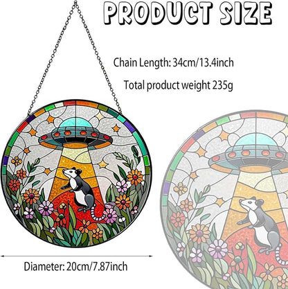 Opossum Wildflowers Sun Catcher Stained Glass Window Hanging for Women Funny Gifts for Window Hanging Handmade Sun Catcher Decoration for Garden Home, 7.87inch