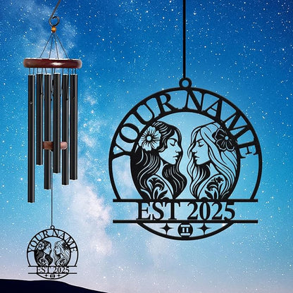 Personalized Customize Name 12 Zodiac Signs Wind Chime, Metal Iron 37 Inch Outdoor Memorial Gift for Garden Yard Patio Home Decor, Black (Gemini)