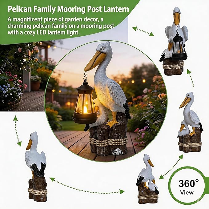 Pelican Solar Garden Outdoor Decor Statues with LED Lantern, Hand Painted Resin Animal Figurine Lights for Patio Lawn Yard Pathway, Unique Coastal Gifts for Women Mom Grandma