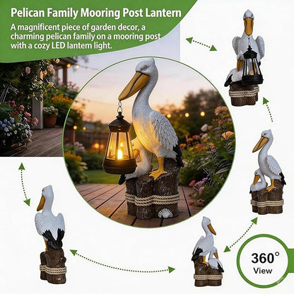 Pelican Solar Garden Outdoor Decor Statues with LED Lantern, Hand Painted Resin Animal Figurine Lights for Patio Lawn Yard Pathway, Unique Coastal Gifts for Women Mom Grandma