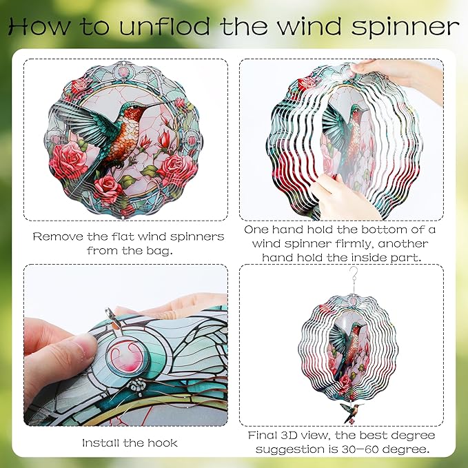 Hummingbird Hanging Wind Spinner - 3D Birds Metal Spinning Decor for Outdoor Garden Indoor Window Balcony 12 Inch Yard Art Ornaments Women Gifts for Mom Wife Grandma Christmas Decoration
