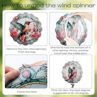 Hummingbird Hanging Wind Spinner - 3D Birds Metal Spinning Decor for Outdoor Garden Indoor Window Balcony 12 Inch Yard Art Ornaments Women Gifts for Mom Wife Grandma Christmas Decoration