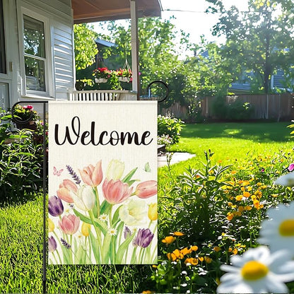 Spring Tulip Welcome Garden Flags for Outside,Welcome Spring Yard Flag for Lawn Porch Outdoor Spring Theme Decorations 12x18 Inch Double Sided