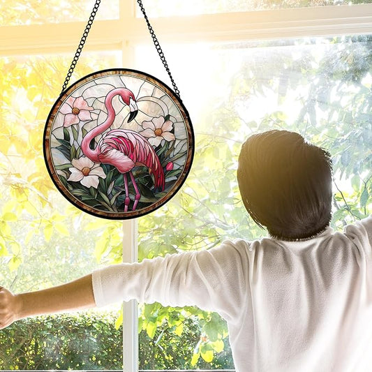 DASTOLL Stained Glass Window Hanging, Flamingo Flower Sun Catchers Diamond Glass Panel Hangings Pink Suncatcher Decor for Birthday for Women, Men, Wife, Aunt, and Mom 9.8 in