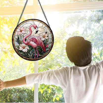 DASTOLL Stained Glass Window Hanging, Flamingo Flower Sun Catchers Diamond Glass Panel Hangings Pink Suncatcher Decor for Birthday for Women, Men, Wife, Aunt, and Mom 11.8x11.8 in
