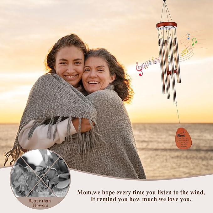 YU FENG 26” Wind Chimes for Mom, Gifts from Daughter or Son, Unique Mother’s Day, Birthday, Wooden Outdoor Wind Chime with Heartfelt Message