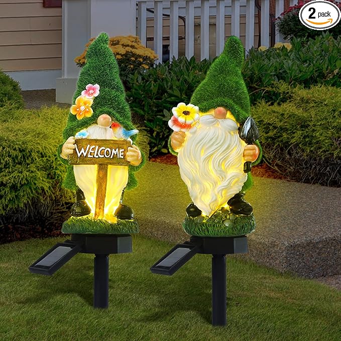 Rossesay 2 Pcs Solar Garden Gnomes Outdoor Decorations with Welcome Sign, Waterproof Resin Gnome Statues with Lights for Outside Yard Patio Porch Decor, Mothers Day Gifts for Mom Grandma Women
