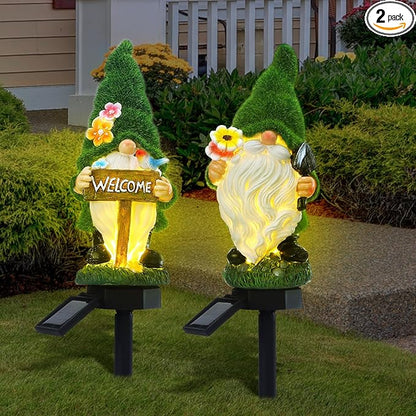 Rossesay 2 Pcs Solar Garden Gnomes Outdoor Decorations with Welcome Sign, Waterproof Resin Gnome Statues with Lights for Outside Yard Patio Porch Decor, Mothers Day Gifts for Mom Grandma Women