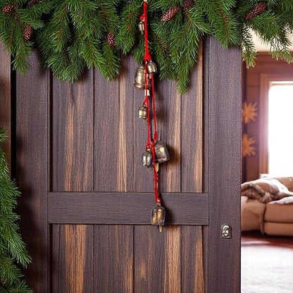 Handmade Rustic Bells Wind Chimes for Outside 7 Hanging Bells on Rope, Brass-Coated Iron Bells for Door, Outdoor Patio, Farmhouse Decor, Christmas Ornaments, Boho Hanging Bell, Vintage Wind Bell 55"
