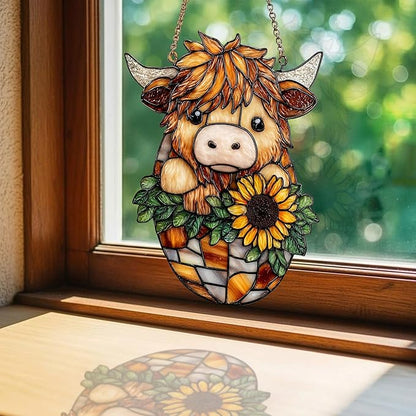 Mosaic Highland Cow and Sunflowers Acrylic Suncatcher Stained Glass Effect Window Car Hanging Christmas Ornament Indoor Outdoor Decor Garden Sun Catcher Panel for Cow Lover for Women Mom Grandma