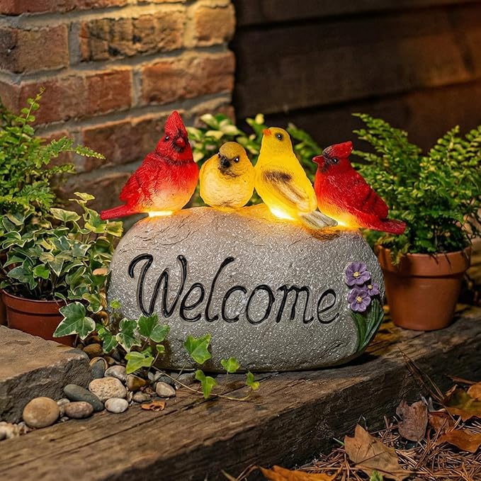 Solar Garden Statues Outdoor Decor, Welcome Sign Garden Sculptures Statue Novelty Birds Figurine Decoration for Patio Yard Porch Art Home Decor